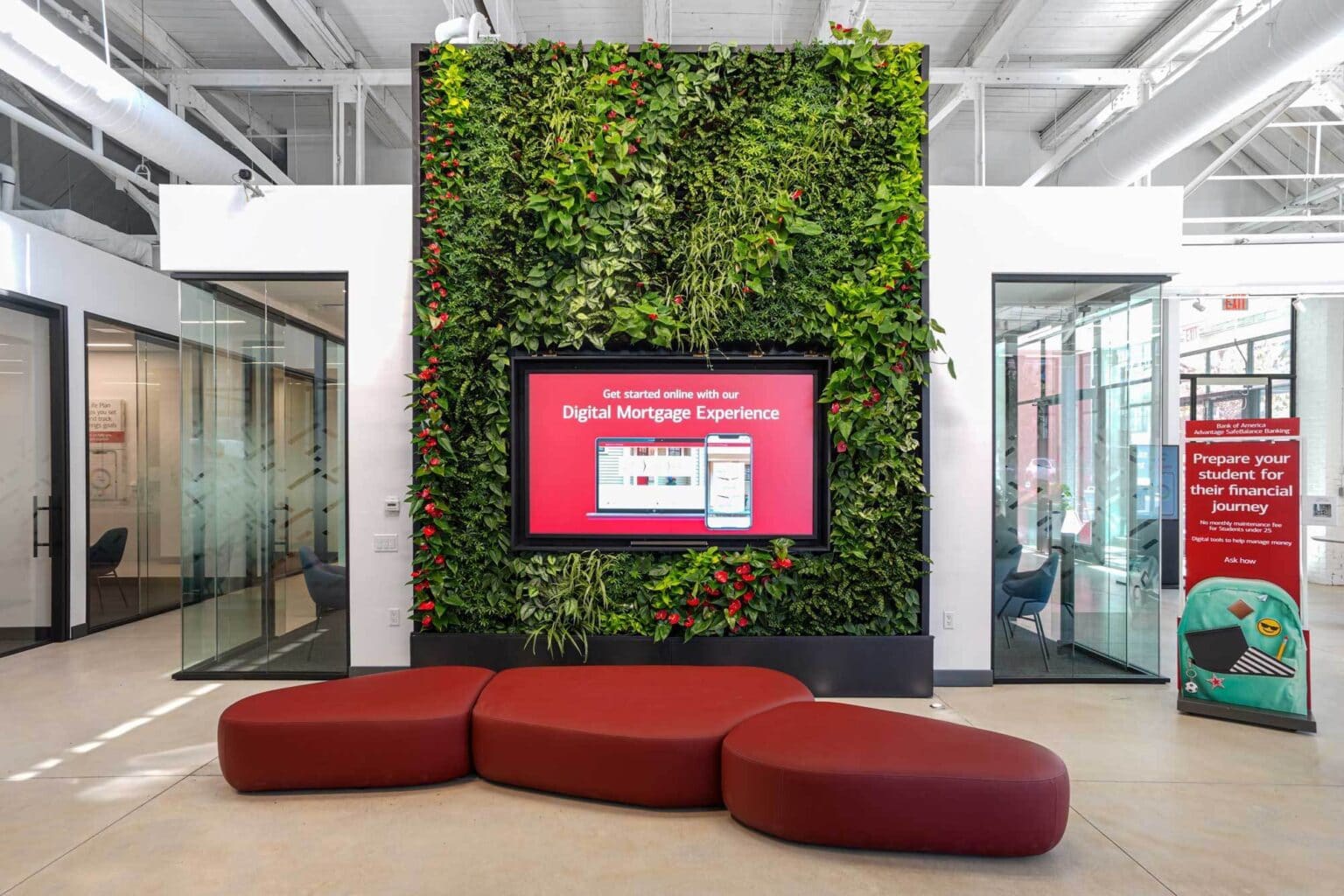 Living wall and planted seating area in a national bank branch in Williamsburg, Brooklyn, by Greenery NYC