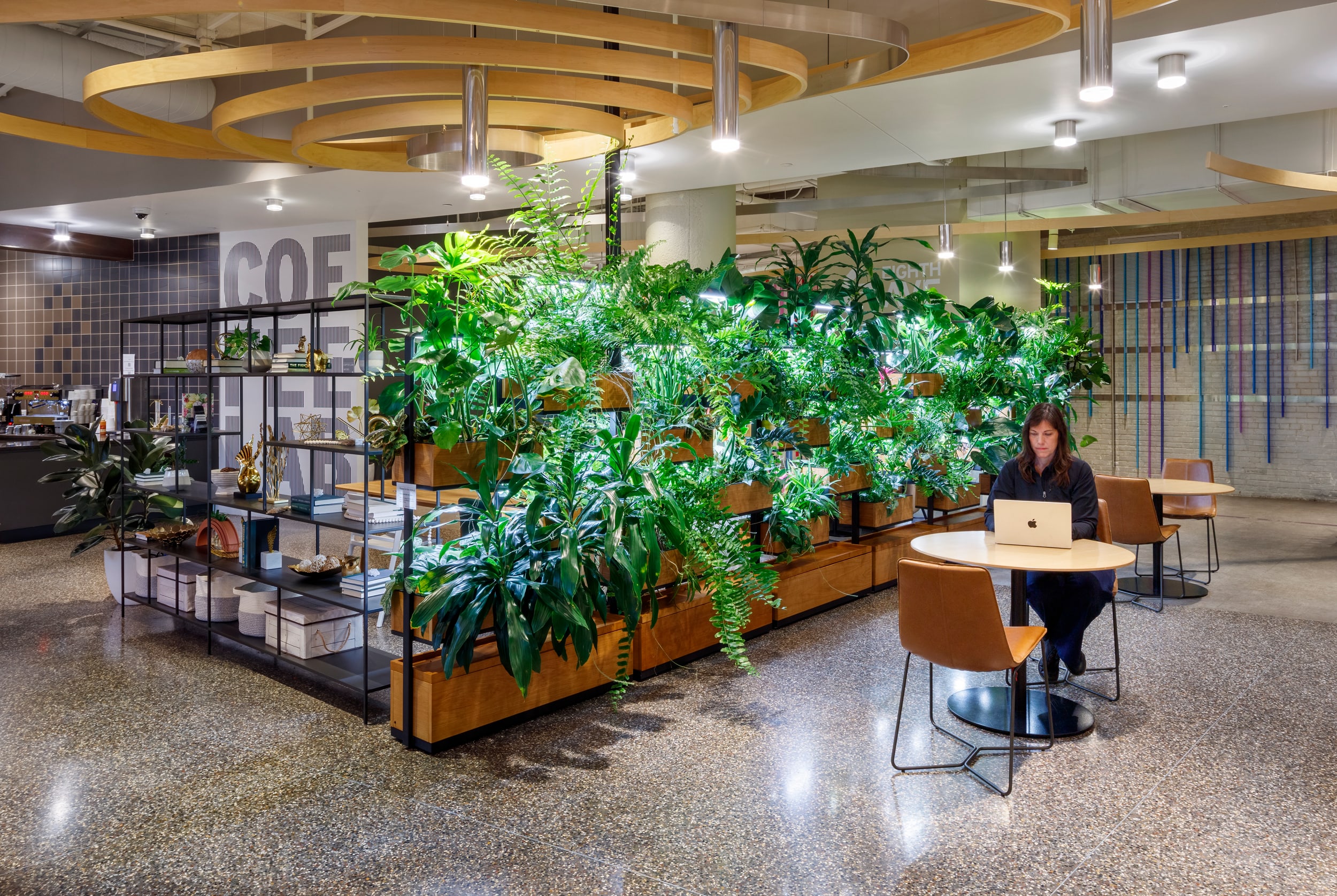 A commercial interior filled with lush plantscaping designed by Greenery NYC