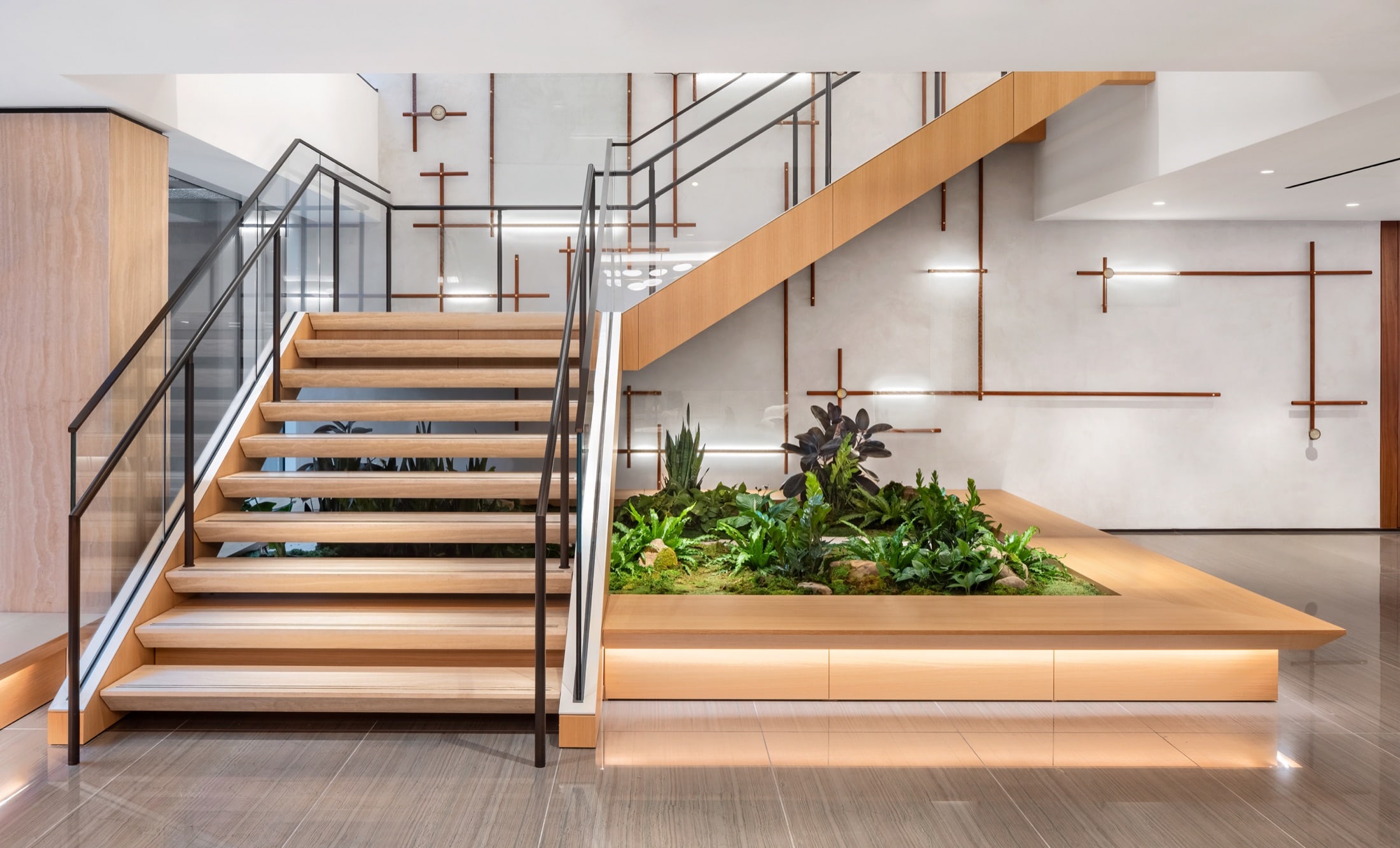 Under-stair dry garden planting inspired by karesansui, designed and installed by Greenery NYC