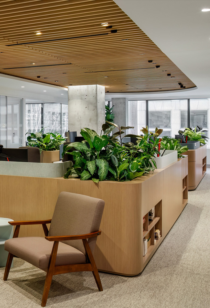 healthy plants inside wooden millwork situated in the lobby of an office and surrounded by comfortable chairs.