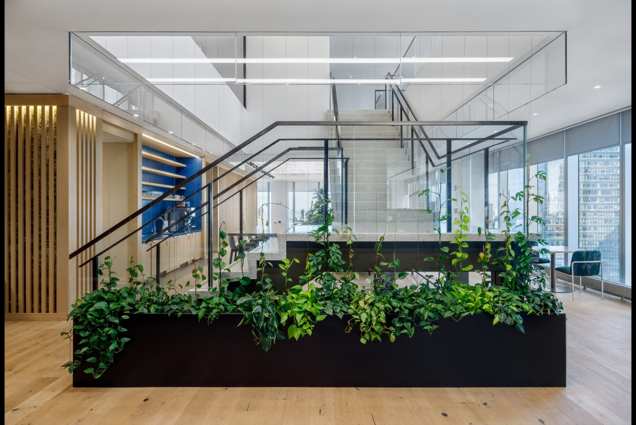 Office with staircase that leads up to more levels and decorated with hanging vines